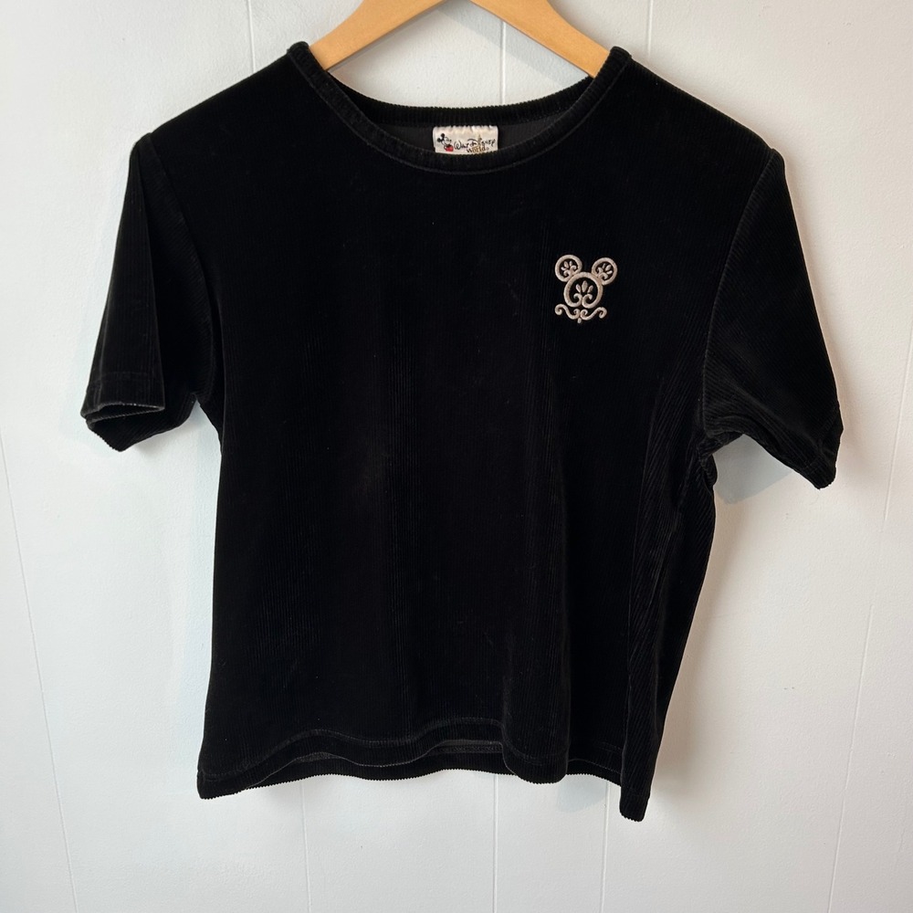Walt Disney World Black Corduroy Mickey Mouse Embroidered Short Sleeve Top Women